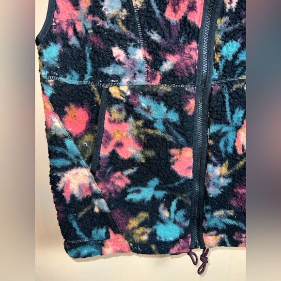 Prana Size XS Black Abstract Floral Print Fleece Sleeveless Full Zip Hooded Vest - Picture 2 of 5